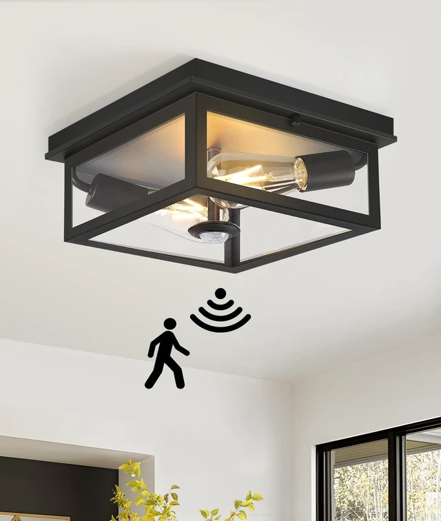 Main image of Motion Sensor Outdoor Ceiling Light with Remote, 10.5 Inch Matte Black Flush Mount Porch Light Fixture with United Glass Cover, 5 Modes Outside Flush Mount Light for Porch, Garage, Patio, Entryway