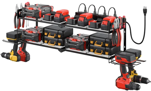 Main image of Large Garage Tools Storage with Charging Station. Power Tool Battery Organizer Utility Shelf with Power Strip. 4 Drills Holder Wall Mount Rack