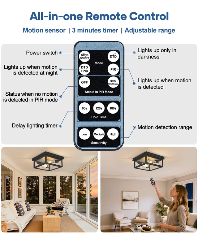 Alt view image 6 of 7 - Motion Sensor Outdoor Ceiling Light with Remote, 10.5 Inch Matte Black Flush Mount Porch Light Fixture with United Glass Cover, 5 Modes Outside Flush Mount Light for Porch, Garage, Patio, Entryway