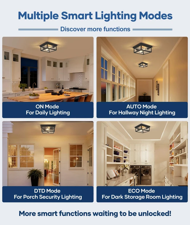 Alt view image 5 of 7 - Motion Sensor Outdoor Ceiling Light with Remote, 10.5 Inch Matte Black Flush Mount Porch Light Fixture with United Glass Cover, 5 Modes Outside Flush Mount Light for Porch, Garage, Patio, Entryway
