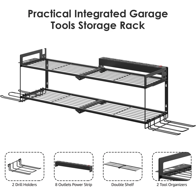 Alt view image 4 of 7 - Large Garage Tools Storage with Charging Station. Power Tool Battery Organizer Utility Shelf with Power Strip. 4 Drills Holder Wall Mount Rack