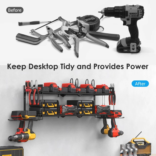 Alt view image 7 of 7 - Large Garage Tools Storage with Charging Station. Power Tool Battery Organizer Utility Shelf with Power Strip. 4 Drills Holder Wall Mount Rack
