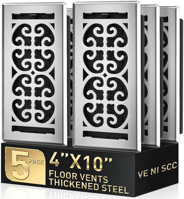 Main image of Floor Register 4x10, Satin Nickel Floor Vent Covers for Home Floor, 5-Pack Heavy Duty Walkable Decorative Scroll Air Vent Cover, Thicker Metal Floor Register, Easy Adjust Airflow Damper, HVAC Vents