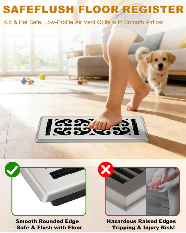 Alt view image 2 of 7 - Floor Register 4x10, Satin Nickel Floor Vent Covers for Home Floor, 5-Pack Heavy Duty Walkable Decorative Scroll Air Vent Cover, Thicker Metal Floor Register, Easy Adjust Airflow Damper, HVAC Vents