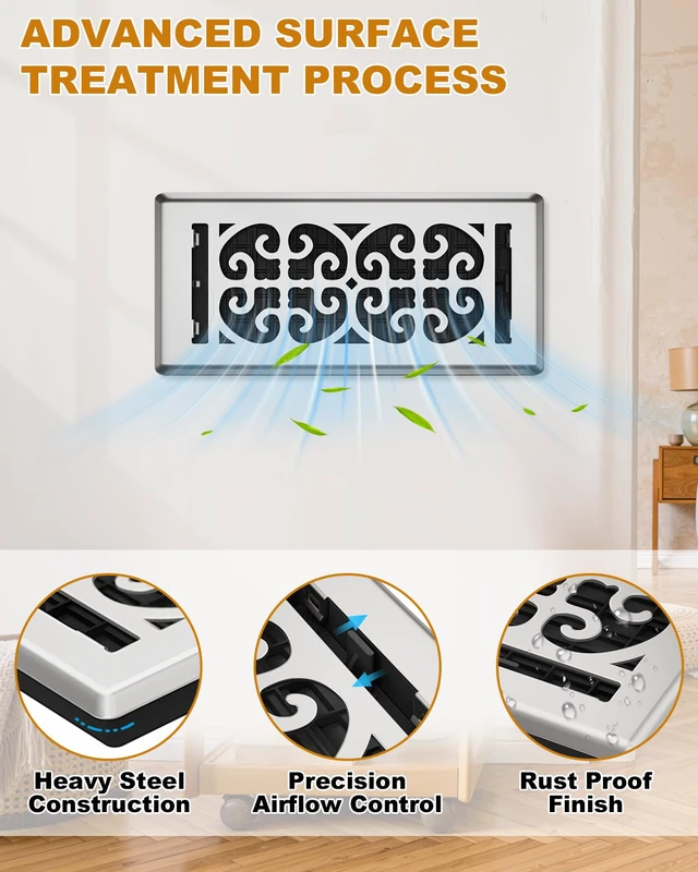 Alt view image 5 of 7 - Floor Register 4x10, Satin Nickel Floor Vent Covers for Home Floor, 5-Pack Heavy Duty Walkable Decorative Scroll Air Vent Cover, Thicker Metal Floor Register, Easy Adjust Airflow Damper, HVAC Vents