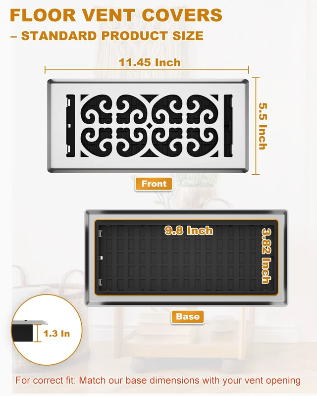 Alt view image 6 of 7 - Floor Register 4x10, Satin Nickel Floor Vent Covers for Home Floor, 5-Pack Heavy Duty Walkable Decorative Scroll Air Vent Cover, Thicker Metal Floor Register, Easy Adjust Airflow Damper, HVAC Vents