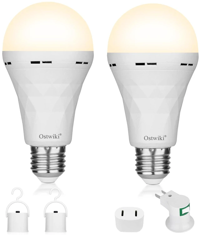 Main image of Rechargeable Emergency Light Bulbs for Power Outage, 2 Pack A21 9W E27 3000K Warm Battery Backup Soft Light Bulbs for Lamps Self-Charging Lamps for Home Hurricane Preparedness Camping
