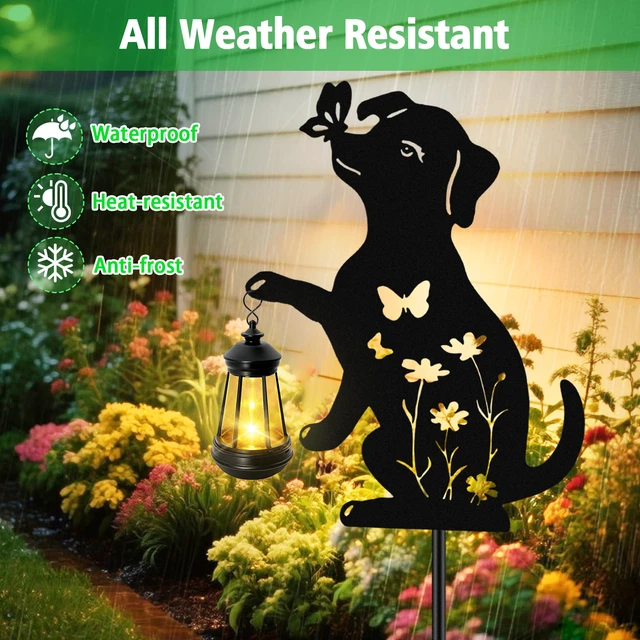 Alt view image 3 of 6 - Solar Lights Outdoor,Metal Dog with Hanging Lantern Solar Lights 2PCS Birthday Gifts for Women Mom Mother's Day,Waterproof Metal Stakes Garden Decor Outside Patio Yard Pathway Backyard,Lawn
