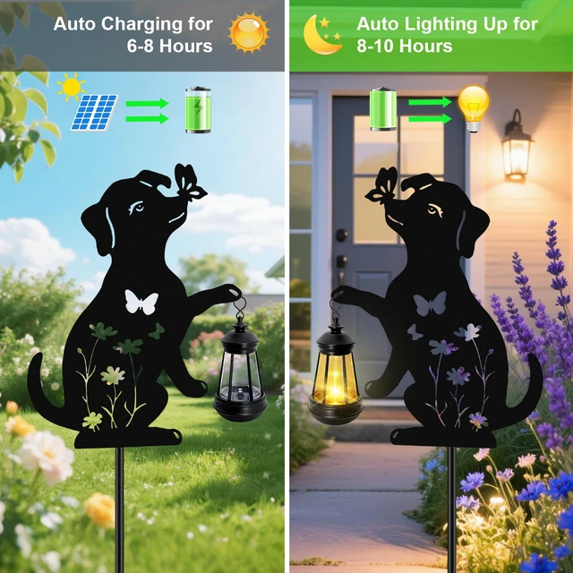 Alt view image 4 of 6 - Solar Lights Outdoor,Metal Dog with Hanging Lantern Solar Lights 2PCS Birthday Gifts for Women Mom Mother's Day,Waterproof Metal Stakes Garden Decor Outside Patio Yard Pathway Backyard,Lawn