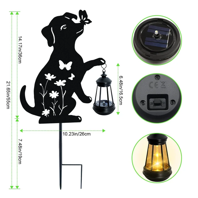 Alt view image 2 of 6 - Solar Lights Outdoor,Metal Dog with Hanging Lantern Solar Lights 2PCS Birthday Gifts for Women Mom Mother's Day,Waterproof Metal Stakes Garden Decor Outside Patio Yard Pathway Backyard,Lawn