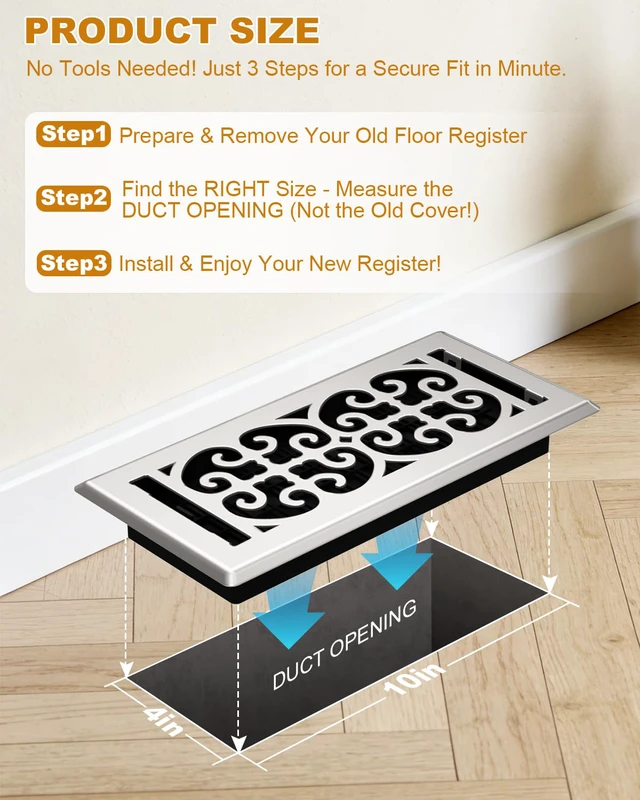 Alt view image 7 of 7 - Floor Register 4x10, Satin Nickel Floor Vent Covers for Home Floor, 5-Pack Heavy Duty Walkable Decorative Scroll Air Vent Cover, Thicker Metal Floor Register, Easy Adjust Airflow Damper, HVAC Vents