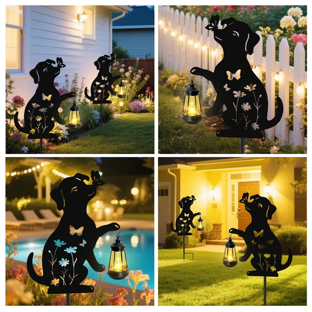 Alt view image 5 of 6 - Solar Lights Outdoor,Metal Dog with Hanging Lantern Solar Lights 2PCS Birthday Gifts for Women Mom Mother's Day,Waterproof Metal Stakes Garden Decor Outside Patio Yard Pathway Backyard,Lawn
