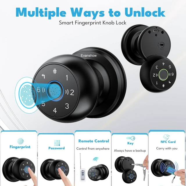 Alt view image 2 of 7 - Smart Door Knob Fingerprint Lock 4-in-1 Keyless Entry (Fingerprint/App/Code/Key) Door with Auto-Lock Easy Install for Home/Bedroom/Office (Black 1)