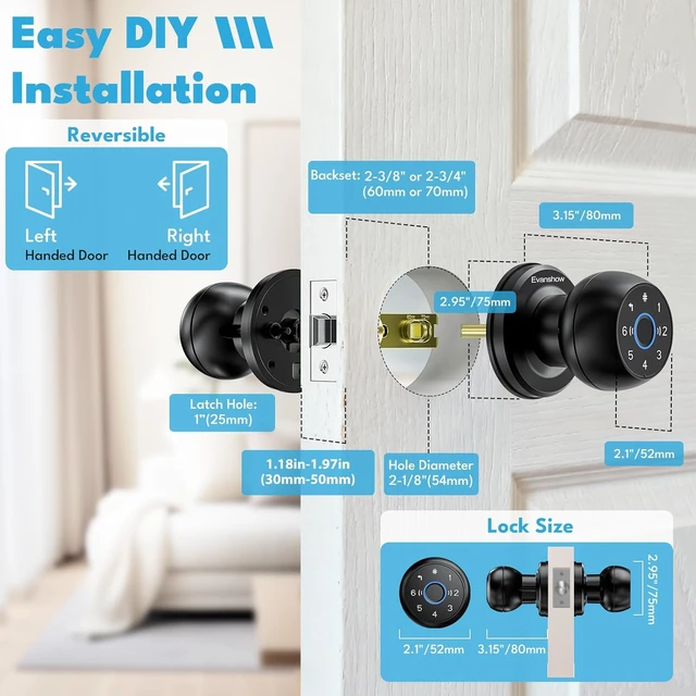 Alt view image 6 of 7 - Smart Door Knob Fingerprint Lock 4-in-1 Keyless Entry (Fingerprint/App/Code/Key) Door with Auto-Lock Easy Install for Home/Bedroom/Office (Black 1)