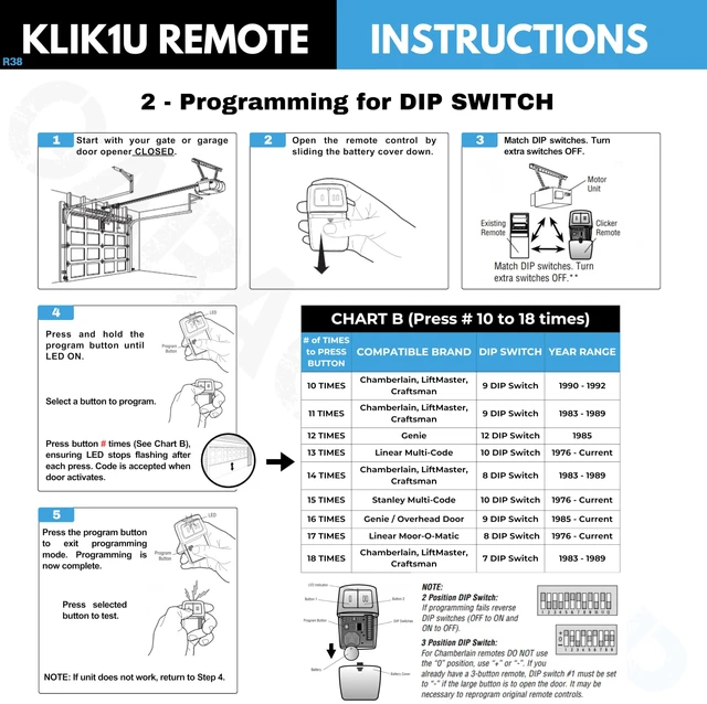 Alt view image 4 of 7 - 2X Universal Door Opener Remote KLIK1U 375UT 375LM Clicker 2-Button Blue Chamberlain LiftMaster Craftsman Genie Linear Replacement, Operates 2 Doors / Gates, Dip Switch & Learn Button