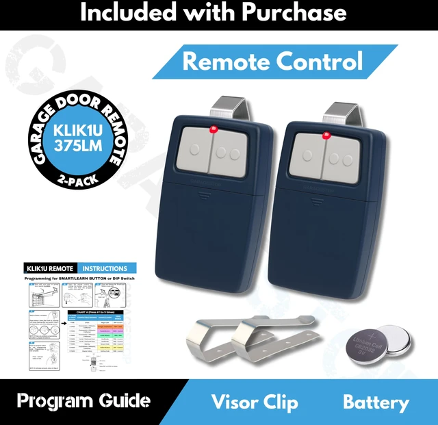 Alt view image 5 of 7 - 2X Universal Door Opener Remote KLIK1U 375UT 375LM Clicker 2-Button Blue Chamberlain LiftMaster Craftsman Genie Linear Replacement, Operates 2 Doors / Gates, Dip Switch & Learn Button