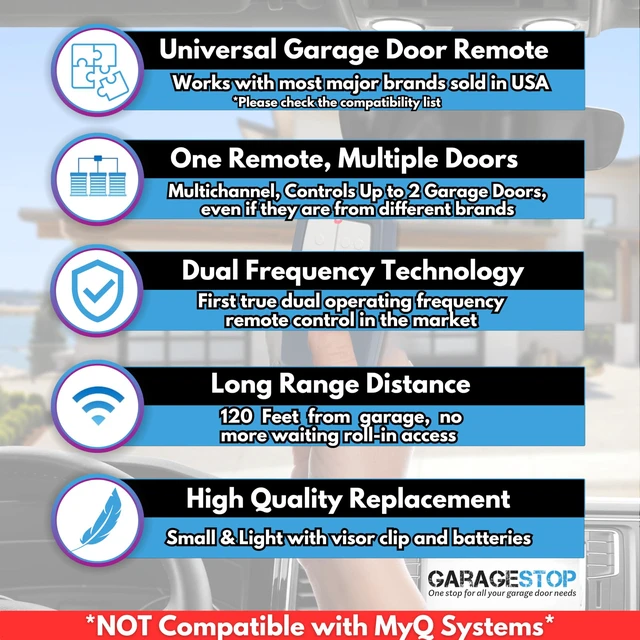 Alt view image 6 of 7 - 2X Universal Door Opener Remote KLIK1U 375UT 375LM Clicker 2-Button Blue Chamberlain LiftMaster Craftsman Genie Linear Replacement, Operates 2 Doors / Gates, Dip Switch & Learn Button
