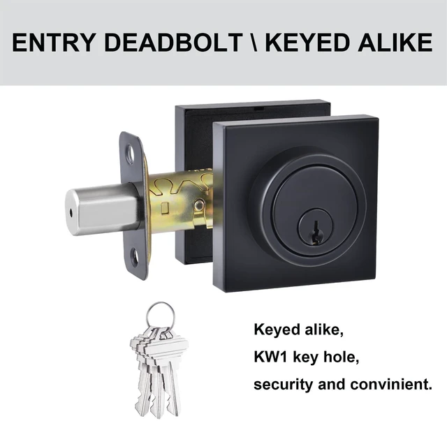 Alt view image 2 of 5 - 1 Side Keyed Deadbolt Lock,Square Single Cylinder Dead Bolt, Matte Black Square Exterior Keyed Deadbolt