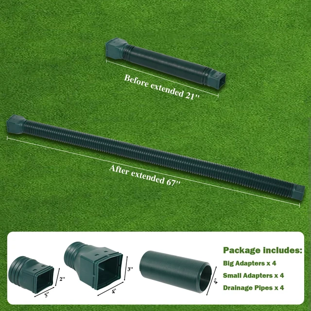 Alt view image 6 of 6 - 4 Pack Flexible Gutter Downspout Extensions Extendable from 21" to 67", Downspout Extender Comes with Adapters, Thickened Down spout Drain Extension for Rainwater Drainage(Green)