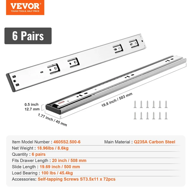 Alt view image 7 of 7 - Soft Close Drawer Slides 6 Pairs 20 Inch, Heavy Duty Full Extension Side Mount Ball Bearing Drawer Glides Kitchen Cabinet Rails, 100LB Load Capacity