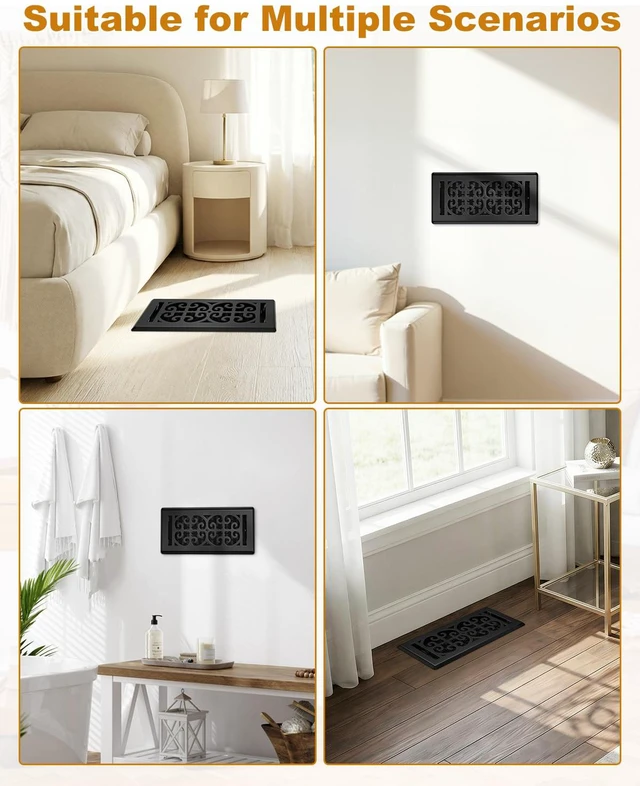 Alt view image 7 of 7 - 4x10 Floor Register, 5-Pack Black Floor Vent Covers, Thicker Metal Heavy Duty Walkable Decorative Scroll Vent Cover, Quiet, Heat-Resistant & Adjustable Control Lever, Fits 4x10 Duct Opening