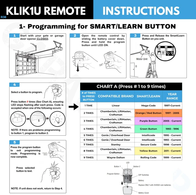 Alt view image 3 of 7 - 2X Universal Door Opener Remote KLIK1U 375UT 375LM Clicker 2-Button Blue Chamberlain LiftMaster Craftsman Genie Linear Replacement, Operates 2 Doors / Gates, Dip Switch & Learn Button