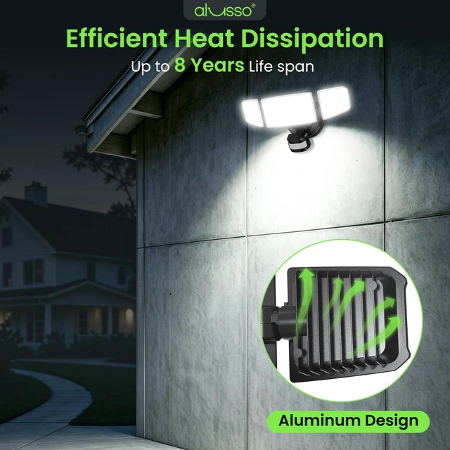 Alt view image 2 of 7 - Metal Heads Motion Sensor Outdoor Lights 60W 6000LM 120V ETL Listed 3CCT 3000K/4000K/6500K, 3 Modes (Dusk to Dawn/Auto/On Time) Hardwired Waterproof Flood Lights Outdoor for Porch, Black 1PC