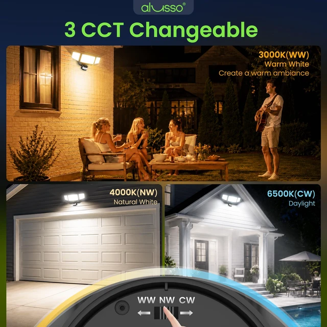 Alt view image 4 of 7 - Metal Heads Motion Sensor Outdoor Lights 60W 6000LM 120V ETL Listed 3CCT 3000K/4000K/6500K, 3 Modes (Dusk to Dawn/Auto/On Time) Hardwired Waterproof Flood Lights Outdoor for Porch, Black 1PC