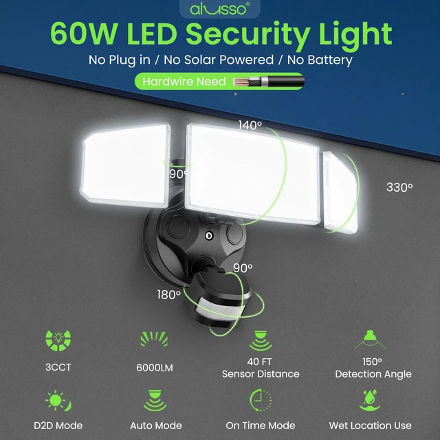 Alt view image 3 of 7 - Metal Heads Motion Sensor Outdoor Lights 60W 6000LM 120V ETL Listed 3CCT 3000K/4000K/6500K, 3 Modes (Dusk to Dawn/Auto/On Time) Hardwired Waterproof Flood Lights Outdoor for Porch, Black 1PC
