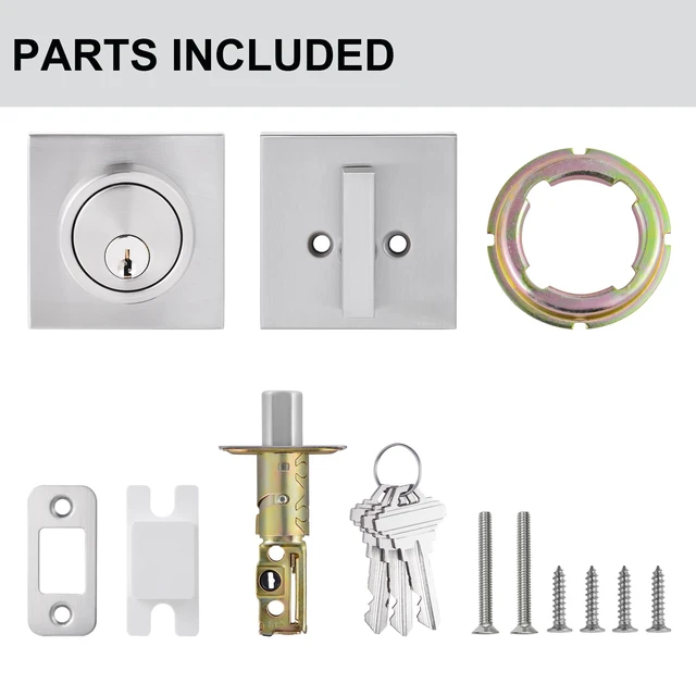 Alt view image 3 of 5 - 1 Side Keyed Deadbolt Lock,Square Single Cylinder Dead Bolt, Satin Nickel Square Exterior Keyed Deadbolt