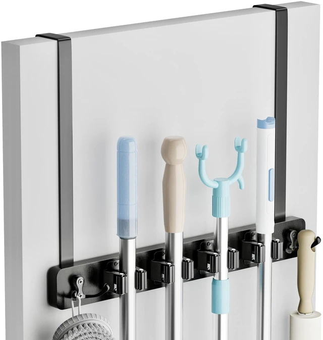 Main image of Broom Holder Door Mount, Wood Over the Door Broom and Mop Holder 4 Slots 4 Hooks, No Drill Setup, EVA Protection Pads, Secure Grip, Laundry Garage Closet Kitchen Use, Black