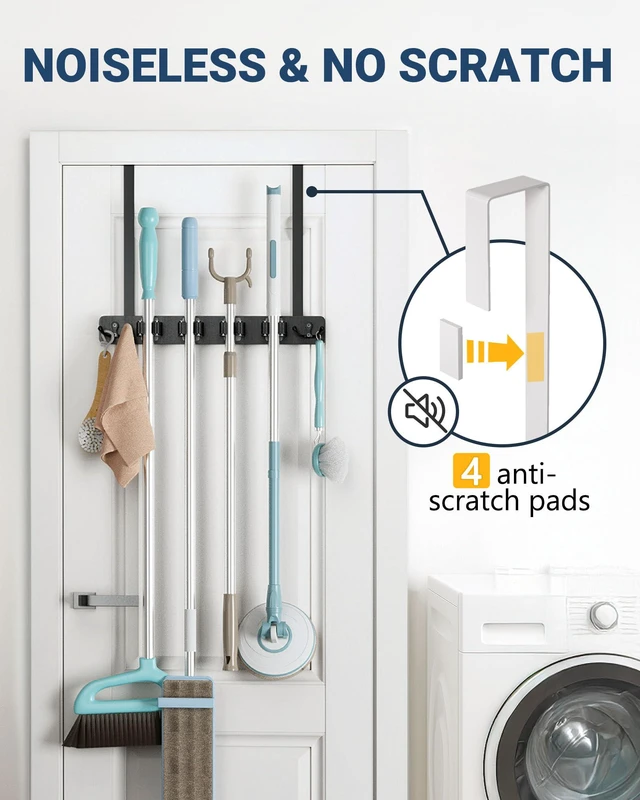 Alt view image 6 of 7 - Broom Holder Door Mount, Wood Over the Door Broom and Mop Holder 4 Slots 4 Hooks, No Drill Setup, EVA Protection Pads, Secure Grip, Laundry Garage Closet Kitchen Use, Black