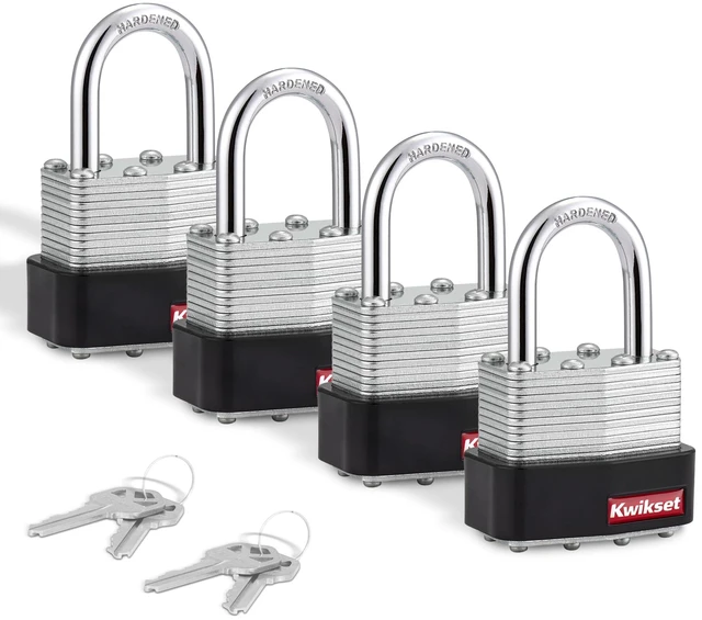 Main image of Laminated Steel Padlock with Hardened Steel Shackle, 4-Pack, Silver Four Locks Keyed Alike for Multiple Gates and Sheds; 1-9/16 in Laminated Body with 1 in Shackle, One Key Fits All