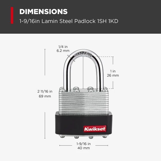 Alt view image 3 of 6 - Laminated Steel Padlock with Hardened Steel Shackle, 4-Pack, Silver Four Locks Keyed Alike for Multiple Gates and Sheds; 1-9/16 in Laminated Body with 1 in Shackle, One Key Fits All
