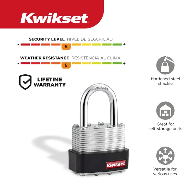 Alt view image 2 of 6 - Laminated Steel Padlock with Hardened Steel Shackle, 4-Pack, Silver Four Locks Keyed Alike for Multiple Gates and Sheds; 1-9/16 in Laminated Body with 1 in Shackle, One Key Fits All