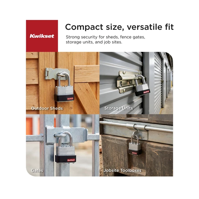 Alt view image 4 of 6 - Laminated Steel Padlock with Hardened Steel Shackle, 4-Pack, Silver Four Locks Keyed Alike for Multiple Gates and Sheds; 1-9/16 in Laminated Body with 1 in Shackle, One Key Fits All