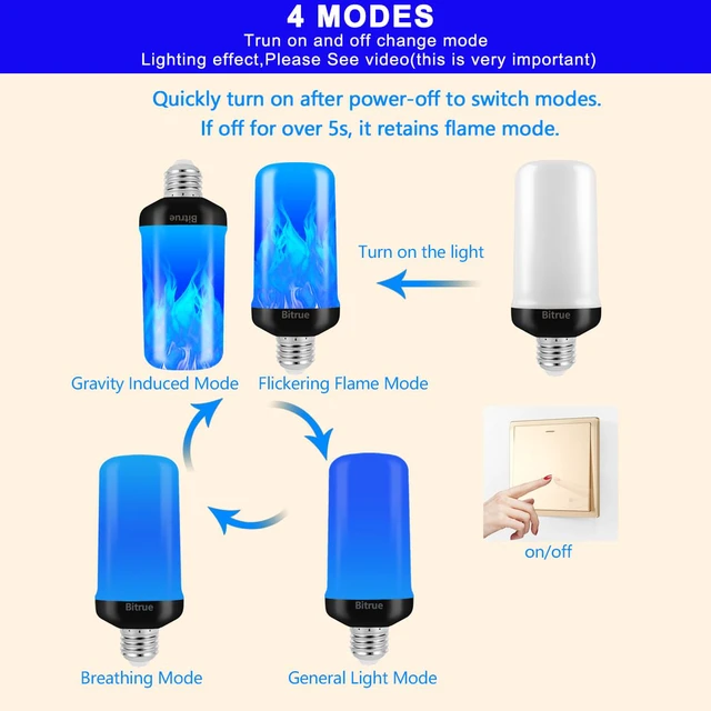 Alt view image 3 of 6 - LED Flame Bulbs, 4 Modes Blue Flame Effect Bulbs, E26 Base Fire Light Bulb with Gravity Sensor, Flickering Light Bulbs for Halloween Home Decor(Blue 2 Pack)