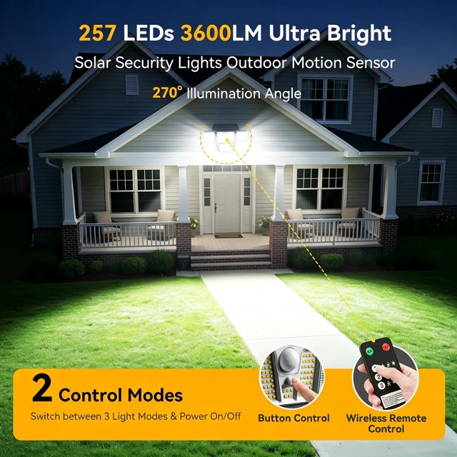 Alt view image 4 of 7 - Solar Flood Lights 3600LM,270° Motion Sensor Outdoor Lights-Remote 4 Heads 3 Modes Solar Lights Outdoor, Glass Panel, IP65 Waterproof Outdoor Security Lights for Yard Patio Garage- 1Pack Black