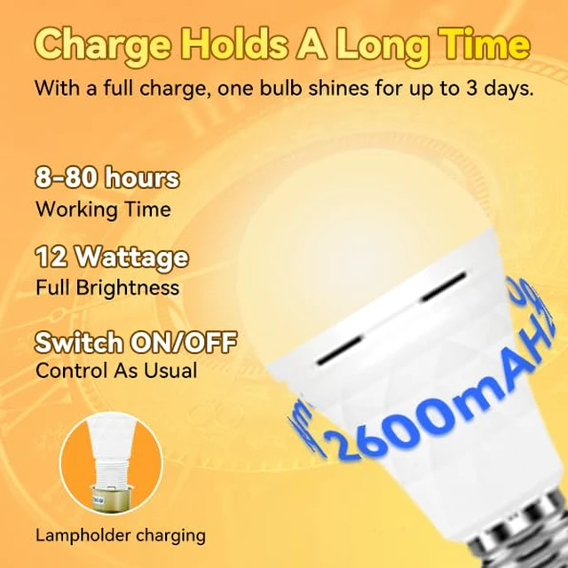Alt view image 2 of 7 - LITE PRO Rechargeable Light Bulbs, 2600mAh Large Battery Backup Light Bulbs, Perfect As Emergency Lights for Home, Hurricane Prepareness Item, E26/E27 (Soft White-2600mAh)