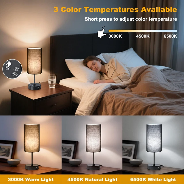 Alt view image 4 of 7 - Table Lamp with 3 CCT (3000K/4500K/6500K), Stepless Dimmable Bedside Lamp with 7 Color Changing, Modern Nightstand Light with Black Shade for Bedroom, Kids Room, Home, Office