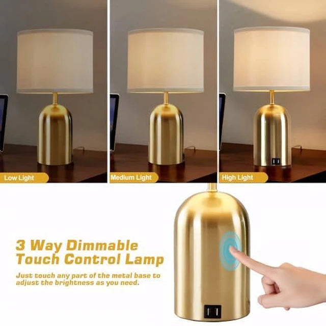 Alt view image 2 of 7 - Touch Control Table Lamp, Gold Bedside Table Lamps for Bedroom 18" Modern Dimmable Desk Lamp for Nightstand Living Room Office, with 2 USB Charging Ports, Bulbs Included