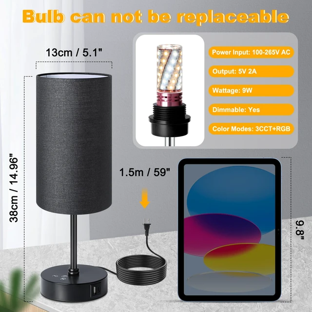 Alt view image 5 of 7 - Table Lamp with 3 CCT (3000K/4500K/6500K), Stepless Dimmable Bedside Lamp with 7 Color Changing, Modern Nightstand Light with Black Shade for Bedroom, Kids Room, Home, Office