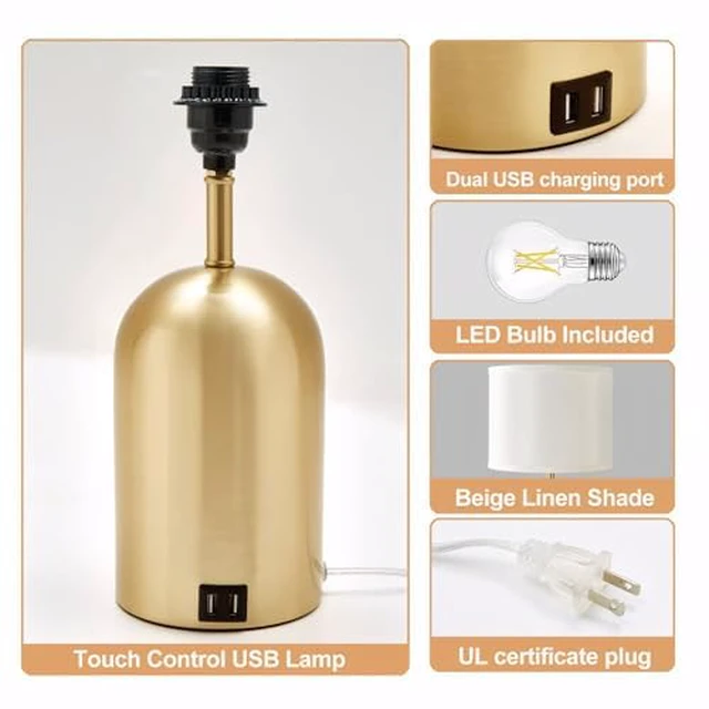 Alt view image 5 of 7 - Touch Control Table Lamp, Gold Bedside Table Lamps for Bedroom 18" Modern Dimmable Desk Lamp for Nightstand Living Room Office, with 2 USB Charging Ports, Bulbs Included
