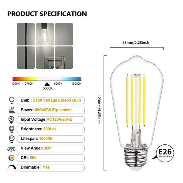 Alt view image 2 of 7 - 12Pack Shatter-Resistan Vintage LED Edison Bulbs,5000K Daylight White E26 LED bulbs 60 Watt 800LM, Dimmable 6W Edison Light Bulbs 60W Equivalent, Lightweight Safty for Home Kitchen Cafe Farmhouse