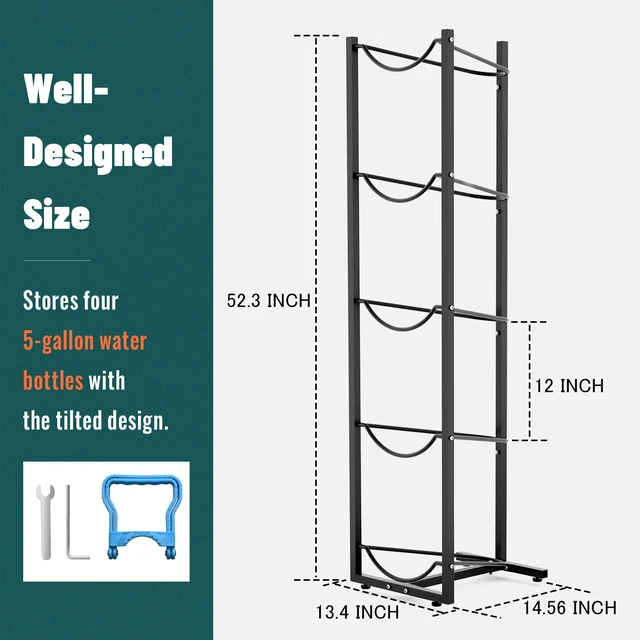 Alt view image 5 of 6 - 5 Gallon Water Jug Stand Holder: 5 Tier Blue Steel Rack, 14.5 x 53 x 14 Inches, Holds Up to 5 Jugs, 22 Pounds Each, Space-Saving Design, Indoor Use, Office, Kitchen, Gym, Living Room