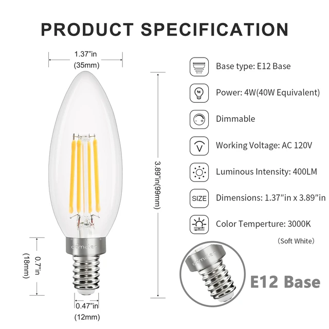 Alt view image 3 of 7 - 10 Pack B11 Dimmable Candelabra LED Bulbs, E12 Small Base 40W Equivalent 3000K Soft White Chandelier Light Bulbs, 120V Type B, 400 LM Glass Shape Candle Light Bulbs