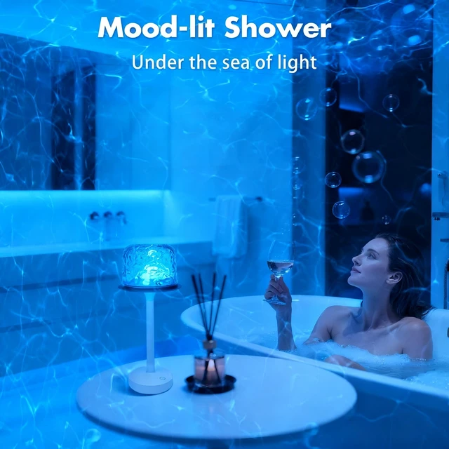 Alt view image 2 of 7 - Waterproof Shower Lamp, Bathroom Lamp with 16 Color Ocean Wave Projector Spa-Like Rechargeable Shower Light with Remote & Touch Control Dimmable, Cordless Mood Night Light for Inside Showe, Bathtub