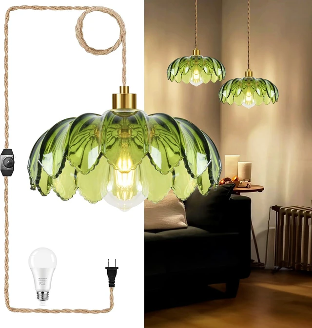 Main image of Plug in Pendant Light Hanging Lights with Plug in Cord Boho Hanging Lamp Glass Gold Mid Century Modern Vintage Dimmable Green Flower Plug in Chandelier Ceiling Fixture for Living Room,Kitchen