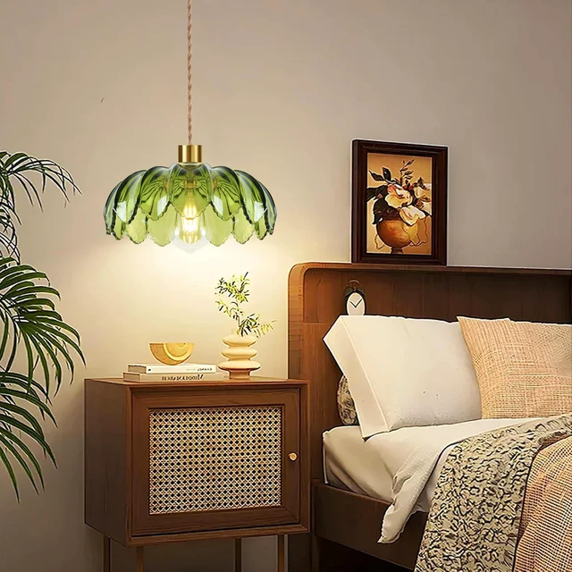 Alt view image 3 of 7 - Plug in Pendant Light Hanging Lights with Plug in Cord Boho Hanging Lamp Glass Gold Mid Century Modern Vintage Dimmable Green Flower Plug in Chandelier Ceiling Fixture for Living Room,Kitchen