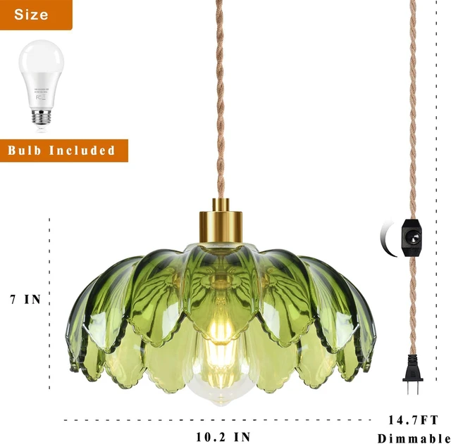Alt view image 5 of 7 - Plug in Pendant Light Hanging Lights with Plug in Cord Boho Hanging Lamp Glass Gold Mid Century Modern Vintage Dimmable Green Flower Plug in Chandelier Ceiling Fixture for Living Room,Kitchen